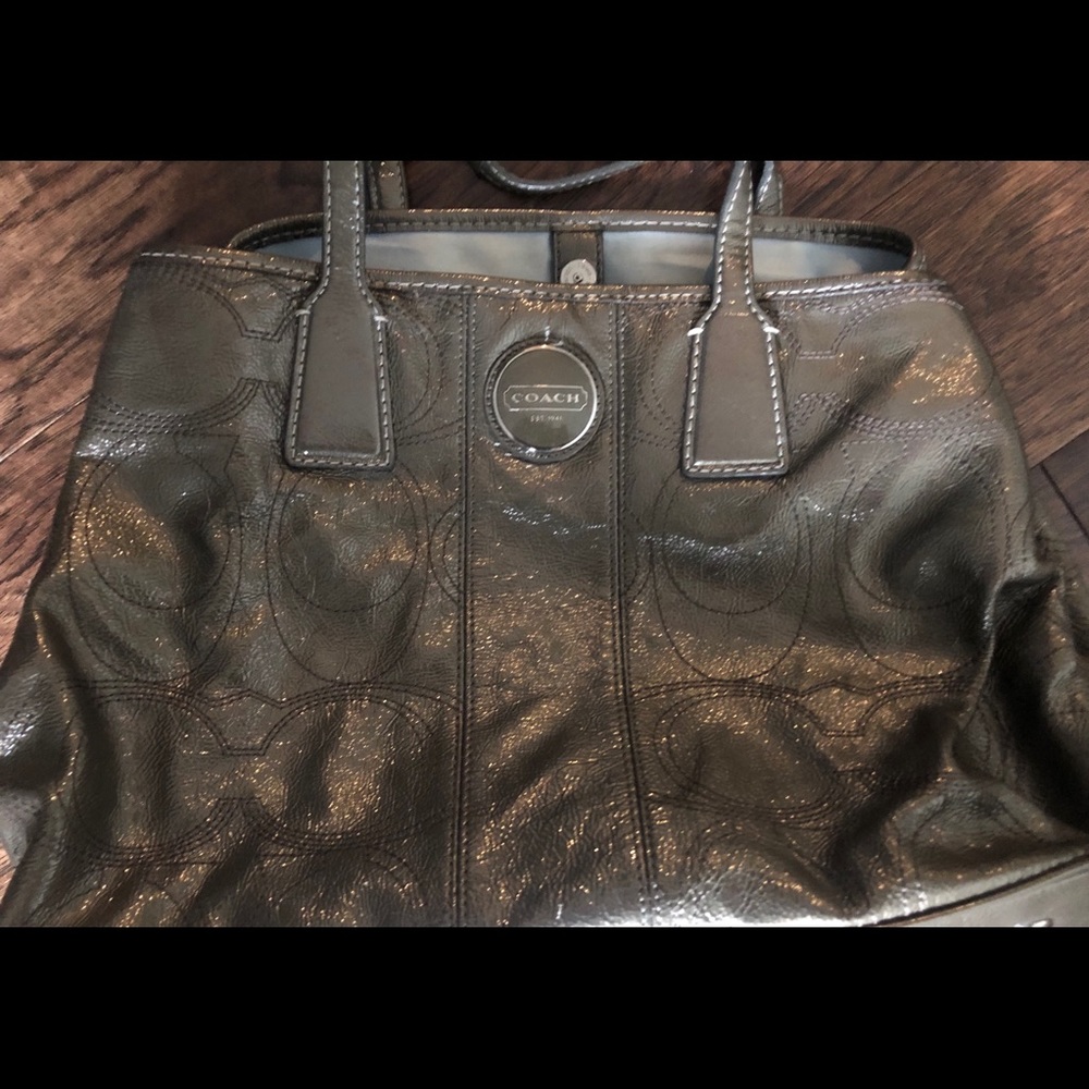 Coach Signature Patent Leather Pewter Handbag
